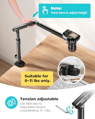 Viozon Overhead Camera Mount, Overhead Phone Stand, Flexible Aluminum Alloy Spring Arm with 360° Ball Head,1/4"&3/8" Interface for DSLR Camera/Rrojector/Microphone/Ring Light/Webcam/Phone