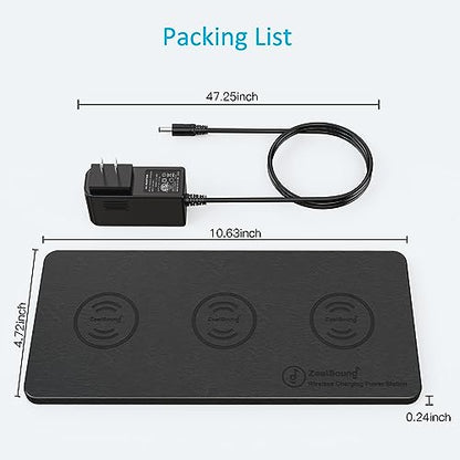ZealSound Wireless Charging Pad, 3 in 1 Charger Mat for iPhone, Samsung Galaxy, Pixel, AirPods & Galaxy Buds, 24W Adapter Included, Ultra Slim, Case Friendly, PU Leather, for Home Office & Travel - color: Black 1