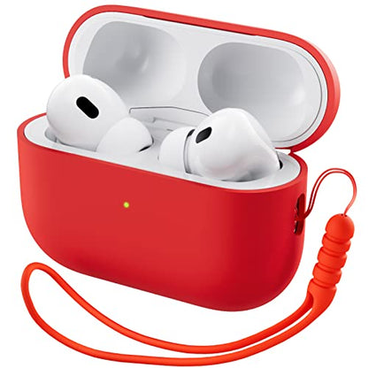 ORNARTO for AirPods Pro 2 Case, Hybrid Silicone, Red | Hybrid Silicone Rubber, Front LED Visible, Wireless Charging, Skin-Friendly Soft Touch, Anti-Scratch, Detachable Lanyard - color: Red