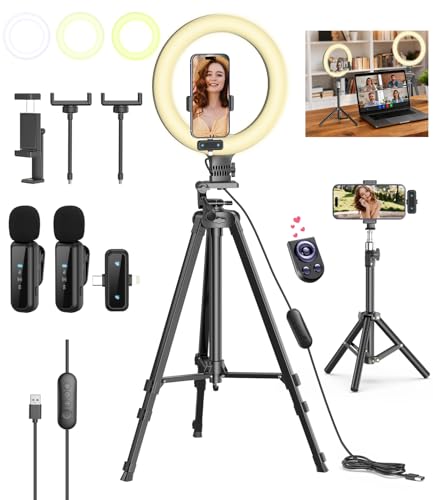 Vlogging Kit for iPhone/Android, 10'' Selfie Ring Light with 57'' Stand - size: 57" Tripod with 10" Ring Light