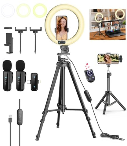 Vlogging Kit for iPhone/Android, 10'' Selfie Ring Light with 57'' Stand - size: 57" Tripod with 10" Ring Light