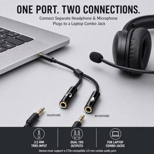 Headphone Splitter 3.5mm Mic and Audio Y Splitter TRRS Headset Adapter Cable Compatible with PC, Laptop, Android, Windows.(Black) - color: Black
