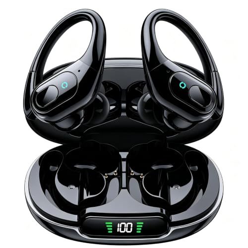 occiam Active Noise Cancelling Earbuds Wireless Bluetooth Headphones Ear Buds 90Hrs Playback Stereo Bass Earphones with Mic Over-Ear Hooks IPX7 Waterproof Headset for Work Sports (Glossy Black) | Ear Buds 90Hrs Playback Stereo Bass Earphones with Mic Over