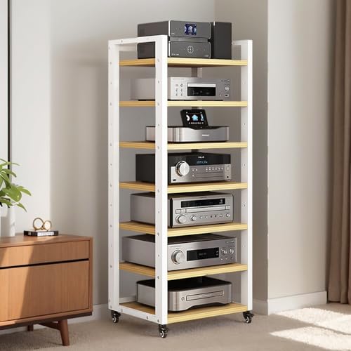 7 Tier Av Media Stand With Wheels, 55in Adjustable Audio Rack - color: White + Light Walnut