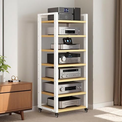 7 Tier Av Media Stand With Wheels, 55in Adjustable Audio Rack - color: White + Light Walnut