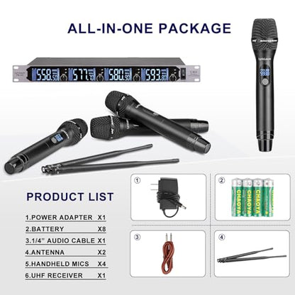 LyricLoom Professional 4 Channel Wireless Microphone System, Metal Handheld Dynamic UHF Wireless Mics Set 4 Pack, Vocal Cordless Microphnes for Singing and Dj,Karaoke,Speaker,chrush,Long Range 300ft