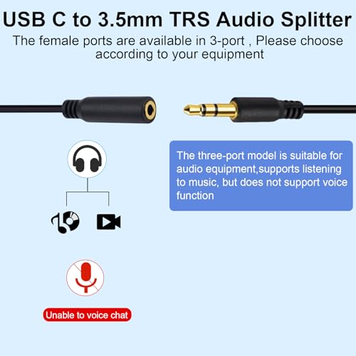 Poyiccot USB C to 3.5mm Audio Adapter, 1 to 2 Ways USB Type C to 3.5mm TRS Female Headphone Jack Adapter Y Splitter Stereo Cable Compatible with Headphone, Galaxy, MacBook, 30cm/1ft - style: 1 to 2 ways