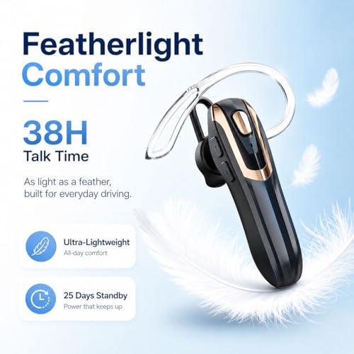 Micool Bluetooth Earpiece for Truckers V6.0 with Noise Cancelling 38 Hours Wireless Headset for Driving, Handsfree Single Ear Headphone for CB Radio & Cell Phone, Dual Device Pairing (Gold)
