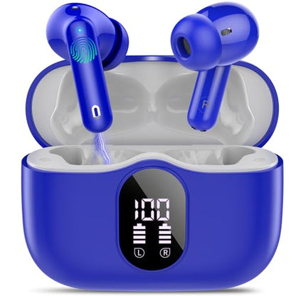 Btootos Wireless Earbuds, Bluetooth 5.4 Headphones Bass Stereo, Ear Buds with Noise Cancelling Mic, IP7 Waterproof in Ear Earphones, 36H LED Display Bluetooth Earbuds for Laptop Pad Phones, Navy Blue | Ear Buds with Noise Cancelling Mic LED Display, 36H,