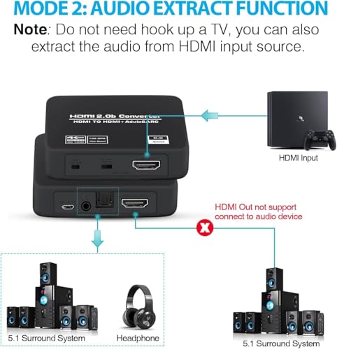 4K@60Hz HDMI 2.0b Audio Extractor Converter Adapter Splitter, HDMI eARC/ARC + Optical Toslink SPDIF + 3.5mm Stereo Audio Out, Support HDCP2.2 Digital PCM DTS 5.1, (Optical/HDMI Cables Included)