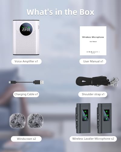 S67 Voice Amplifier Wireless Microphone Dual for Teachers Classroom Rechargeable, Mini Lavalier Lapel Mic, Portable Speaker PA System with LED Display for Class, Tour Guide, Coaches, White - color: White 2 Mics