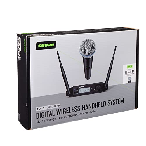 Shure GLXD24+/B58 Dual Band Pro Digital Wireless Microphone System - 12-Hour Battery Life, 100 ft Range | BETA 58A Handheld Vocal Mic, Single Channel Receiver (GLXD24+/B58-Z3) | 12 Hour Battery Life, 100 Feet Range, BETA 58A Handheld Vocal Mic, Single Cha