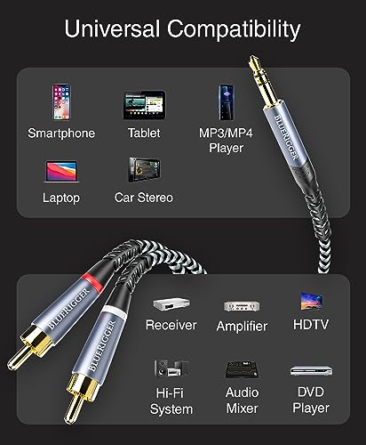 BlueRigger 3.5mm to RCA Audio Cable (6FT, RCA Male to Aux Audio, Braided, Headphone Jack Adapter, Metal Shell) - for Phones, Amplifiers, Tablets, Home Theater, Speakers, HDTV - size: 6FT, style: Regular