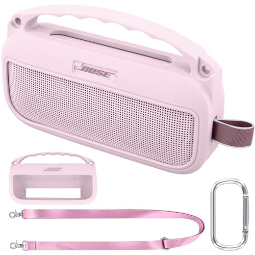 co2CREA Soft Silicone Case for Bose SoundLink Flex 2nd Gen, Pink | Skin-Friendly Handle, Adjustable Shoulder Strap, Crossbody Carrying, Aluminum Carabiner, Lightweight - color: Pink Case
