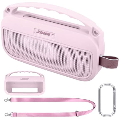 co2CREA Soft Silicone Case for Bose SoundLink Flex 2nd Gen, Pink | Skin-Friendly Handle, Adjustable Shoulder Strap, Crossbody Carrying, Aluminum Carabiner, Lightweight - color: Pink Case