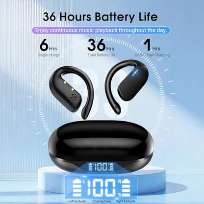 Open Ear Earbuds, Spatial Audio Wireless Earbuds with Smart Digital Display | Bluetooth Headphones 5.4, 36H Playtime, IP7 Waterproof, Touch Control Operate Fit Cycling, Running, Workout, Travel, Gaming