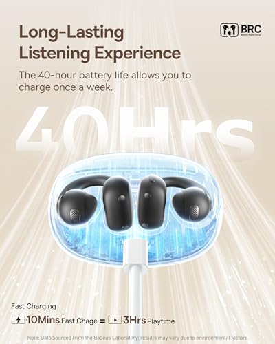 Baseus Bowie MC1 Open Ear Clip-On Earbuds, Adaptive Comfort with Anti-Drop Design, Impactful Sound with Adaptive Bass Boost, Adaptive Noise Cancelling Calls, IP57 Waterproof, 40H Playtime, Lightweight - color: Black
