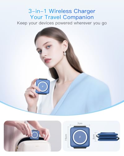 Iseyyox Charging Station for Apple Devices - 3 in 1 Magnetic Foldable Wireless Charger Dock - Travel Charging Pad for MagSafe iPhone 17 16 15 14 13 12 Pro Max Plus Watch & Airpods - color: Blue