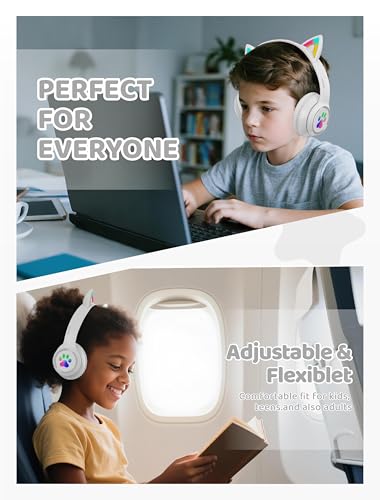 Bluetooth Headphones Wireless Cat Ear 60H/8H with LED Light Mic White | Adjustable Headband Foldable Over-Ear Headset for Kids/Tablet/iPad/Laptop,HD Stereo Sound,Aux Aux 3.5mm - color: White