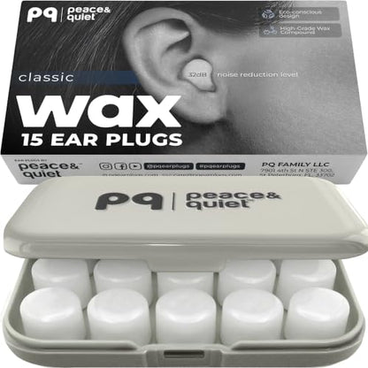 Peace&Quiet PQ Wax Ear Plugs for Sleeping, Swimming - 15 Soft Noise Cancelling Silicone Gel Wax Earplugs for Sleep and Swimmers, Ear Protection with Sound Blocking Level of 32 Db, (15-Pillows) - color: Classic