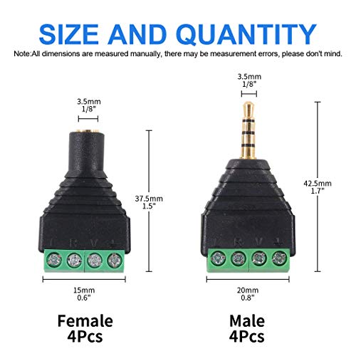 Glarks 8Pcs 3.5mm(1/8inch) Stereo TRRS Audio Balanced Male & Female Jack to AV 4-Screw Terminal Block Balun Converter Adapter Connectors