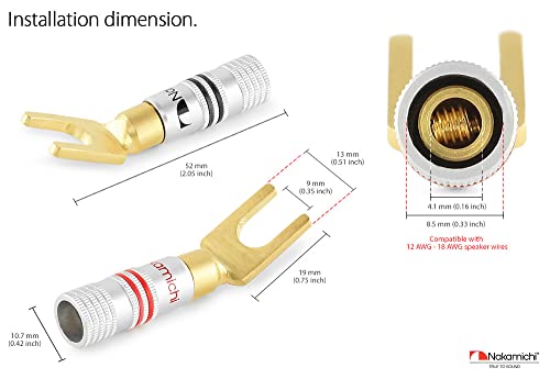 Nakamichi GrubLock 24k Gold Plated Spade Y Banana Plugs, 10-18 AWG | Excel Series, Gauge Size 4mm Speakers Amplifier Hi-Fi AV Stereo Audio Wire Cable Screw Connector, 4 Pcs (2-Pairs) - size: 4 Pcs (2-Pairs)