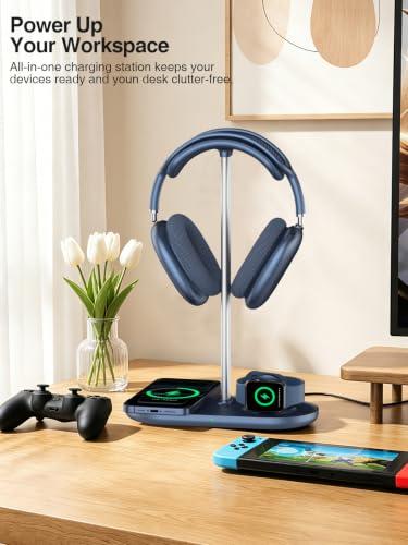 3 in 1 Headphone Stand, Airpod Max Charger Stand with 15W Wireless Charger | Headset Holder for AirPods Max 2/Pro/iWatch/Vision Pro, Charging for iPhone 17/16/15/14/13/12/11/X, Aluminum Alloy Rod, Blue