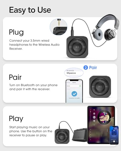 MIPEACE Headphone Bluetooth Adapter for Wired Headphones, Black | Receiver only, not transmitter, Bluetooth 5.3, built-in mic, clip-on, USB-C pass-through charging, 10+ hr playtime