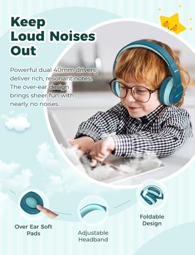 iClever BTH12 Kids Bluetooth Headphones 85H Playtime with LED Lights Travel - color: Malachite Green