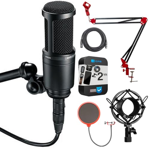 Audio-Technica Side Address Cardioid Condenser Studio Microphone AT2020 Bundle with 2 YR CPS Enhanced Protection Pack, Metal Shock Mount, Pop Filter, Suspension Boom Arm Stand and 25ft XLR Cable