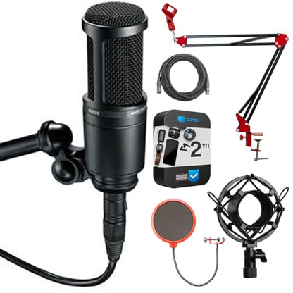 Audio-Technica Side Address Cardioid Condenser Studio Microphone AT2020 Bundle with 2 YR CPS Enhanced Protection Pack, Metal Shock Mount, Pop Filter, Suspension Boom Arm Stand and 25ft XLR Cable
