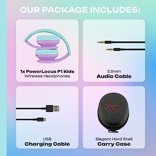 PowerLocus Bluetooth Headphones for Kids, Wireless Foldable Headphones Over Ear, Headphone with Microphone, 85DB Volume Limit, Wireless and Wired Headset with Micro SD, FM for Cellphones, Tablets, PC - color: Teal/Purple