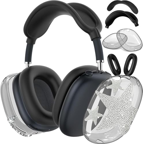[4 in 1] Case Cover for AirPods Max 2/1 (2026/2024/2020) Ear Pad Case Cover/Headband Cover/Ear Cups Cover with Bling Star for Apple AirPods Max Headphones (Black Stars) - color: Black Stars