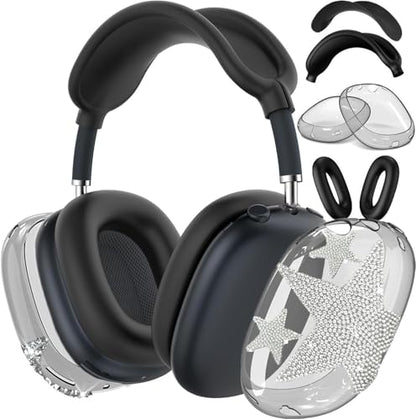 [4 in 1] Case Cover for AirPods Max 2/1 (2026/2024/2020) Ear Pad Case Cover/Headband Cover/Ear Cups Cover with Bling Star for Apple AirPods Max Headphones (Black Stars) - color: Black Stars