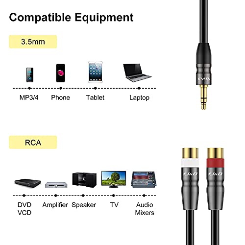 J&D 3.5 mm to Dual RCA Audio Cable, Heavy Duty 3.5mm Male to 2 RCA Female Gold Plated Copper Shell Stereo Audio Adapter Cable, 1 Feet - size: 1 Feet