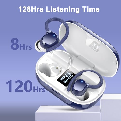 hadbleng Ear Buds Wireless Earbuds Bluetooth Headphones with 128H Playtime LED Digital Display Charging Case, Over-Ear Hook with Mic, Stereo Sound, IPX7 Waterproof Earphones for Workout/Running - color: Gemstone blue