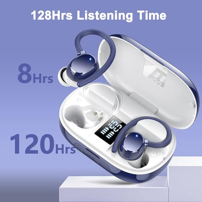 hadbleng Ear Buds Wireless Earbuds Bluetooth Headphones with 128H Playtime LED Digital Display Charging Case, Over-Ear Hook with Mic, Stereo Sound, IPX7 Waterproof Earphones for Workout/Running - color: Gemstone blue