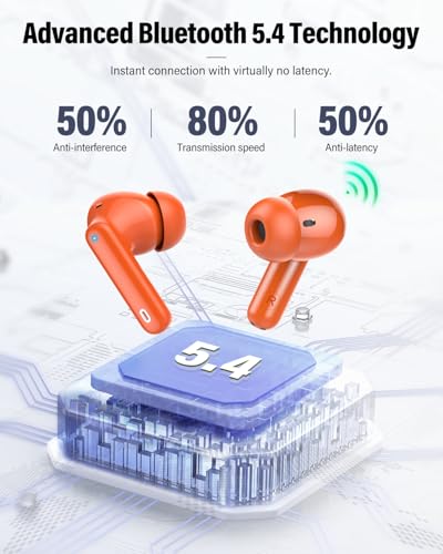 Wireless Earbuds, Bluetooth 5.4 Headphones Bass Stereo, Ear Buds with Noise Cancelling Mic, IP7 Waterproof in Ear Earphones, 36H LED Display Bluetooth Earbuds for Laptop Pad Phones, Deep Orange | Ear Buds with Noise Cancelling Mic LED Display, 36H, IP7 Wa