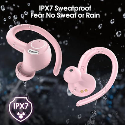 Wireless Sports Earbuds with Earhook, 48H Deep Bass/ENC Mic Ear Buds Rose | Wireless Earphone with LED Display, Bluetooth 5.3 Headphones In Ear, IPX7 Waterproof Over Ear Buds for Running/Workout - color: Rose