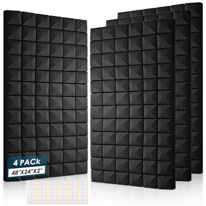 4 Pack Acoustic Foam Panels, 48 x 24 x 2" Sound Proof Foam Panels for Walls | High Density Fire Resistant Soundproof Wall Foam, Noise Cancelling Panels for Recording Studio & Home Office - size: 4 Pack