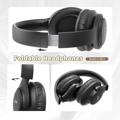 KVIDIO Bluetooth Headphones Wireless Over Ear Headsets 65H Playtime | Deep Bass, HiFi Stereo, Bluetooth 6.0, Microphone, Comfortable Fit, Foldable, Lightweight, Low Latency for Travel Home Office - color: Black