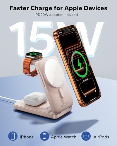 Foldable 3in1 Charging Station for Magsafe, Travel Phone and Watch Charger for Apple Devices, Wireless Charging Dock for iPhone 17 16 15 14 13 12 Series/Apple Watch/Airpods - color: Pink