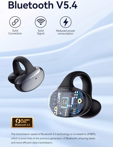 Open Ear Clip Headphones, Bluetooth 5.3 Wireless Earbuds 12H Playtime, DT5.0 Leakproof Stereo Bass, CVC 8.0 Noise Cancelling Mic, IPX5 Waterproof, Secure Comfort Fit for Running, Work, Driving