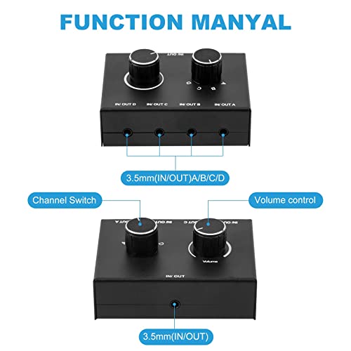 4 Way 3.5mm Stereo Audio Switch, AUX 3.5mm Audio Switch Audio Switcher Passive Speaker Headphone Manual Selector Splitter Box Audio Sharing (4/1 in -1/4 Out)