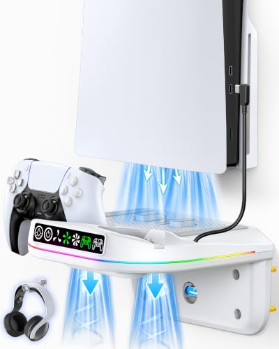 P S5 Wall Mount Kit with Cooling Fan and Charging Station Compatible with PS5/ Slim/ Pro Disc and Digital, PS Five Floating Shelf with 9 RGB Lights, PS 5 Mount Behind TV, P5 Accessories for Gaming, White - color: White