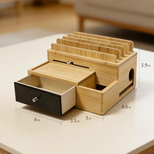 Bamboo Charging Station Organizer with Drawer and Pen Holder | Charging Stand Rack for Multi-Devices, Cable Organizer Box, Bedside Dock Stand Holder (Include 5 Cables)(No Power Adapter)