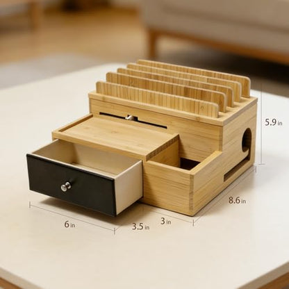 Bamboo Charging Station Organizer with Drawer and Pen Holder | Charging Stand Rack for Multi-Devices, Cable Organizer Box, Bedside Dock Stand Holder (Include 5 Cables)(No Power Adapter)