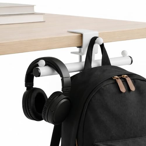 3-Hook Desk Bag Hanger, Purse Hook for Desk, Backpack Hanger Office Use | Fits 0.39-1.57 in. desk or shelf thicknesses; tool-free clamp and non-slip pads hold headphones plus a backpack or lunch bag. - color: White