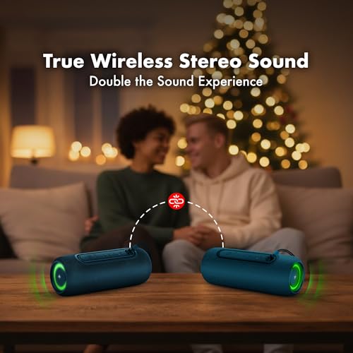 Fisher Portable Bluetooth Speakers IPX5 Waterproof Speaker, 14W Peak Power | Stereo Bluetooth Speaker, RGB Lights, TWS, BT 5.3, Built-in Mic, Hands Free Calling Speakers Bluetooth Wireless, Use Anywhere - color: Navy Blue