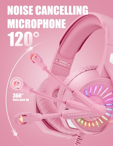 ZIUMIER Wired Pink Gaming Headset for PC, PS5, PS4, Xbox Series X|S | 노이즈 캔슬링 마이크, LED RGB 조명, 50mm 드라이버, 3.5mm 오디오 잭, 소프트 메모리 폼, 멀티 플랫폼 헤드폰 - color: 핑크